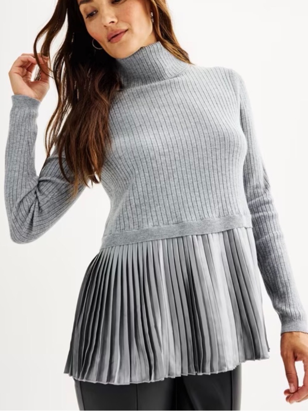 NWT Nine West Gale Heather Ribbed Turtleneck Sweater with Pleated Peplum Hem M